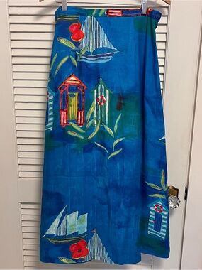 Blue Nautical Print Maxi Skirt with Beach Hut sailboat